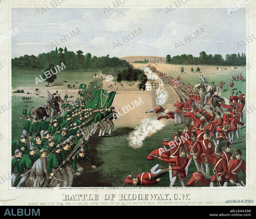Battle of Ridgeway, Ontario (Canada West) 2 June 1866. Rout of Canadian troops by an irregular Irish-American army, the Fenians, left. An attempt put pressure on Britain to negotiate the formation of an Irish Republic. Coloured lithograph c1868.