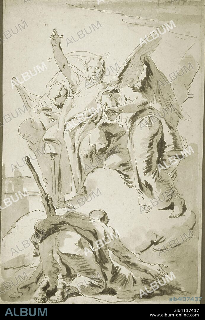 GIOVANNI BATTISTA TIEPOLO. Three Angels Appearing to Abraham. Giambattista Tiepolo; Italian, 1696-1770. Date: 1723-1733. Dimensions: 431 x 285 mm. Pen and brown ink and brush and brown and gray wash, over black chalk, on ivory laid paper. Origin: Italy.