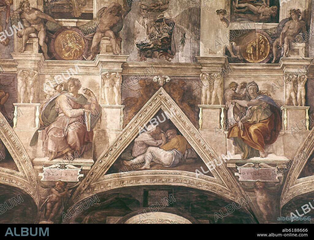 MIGUEL ANGEL. DE IZQUIERDA A DERECHA ISAIAS, LA FAMILIA DE JOSIAS Y LA SIBILA DE DELFOS, FRESCO TECHOS DE LA CAPILLA SIXTINA - 1508/1512.