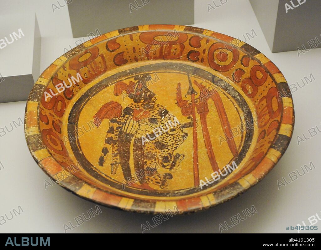 Plate with figurative and geometric decoration. Painted ceramic. Maya culture. Late Classic Period (600-900 AD). Mesoamerica. Maya region. Museum of the Americas. Madrid, Spain.