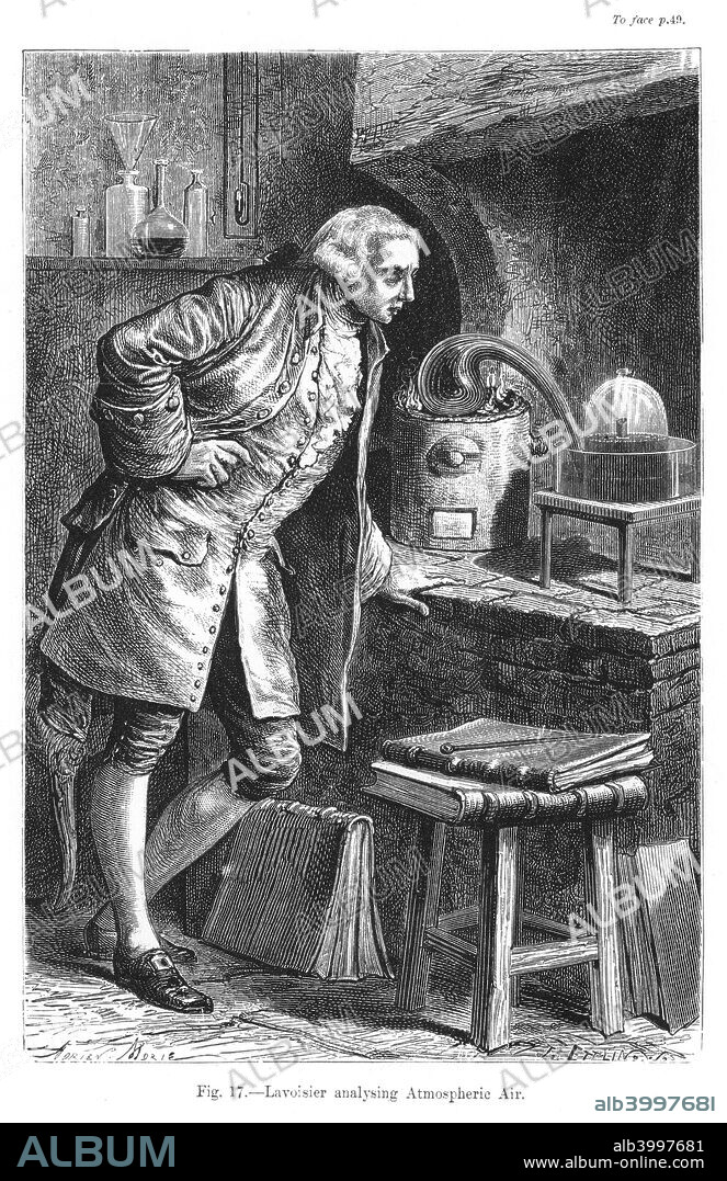 Antoine Laurent Lavoisier, 18th century French chemist, investigating the existence of oxygen in the air, 1873. This was the experiment in which Lavoisier (1743-1794), regarded as the founder of the modern science of chemistry, obtained mercuric oxide. From The Atmosphere by Camille Flammarion. (London, 1873).