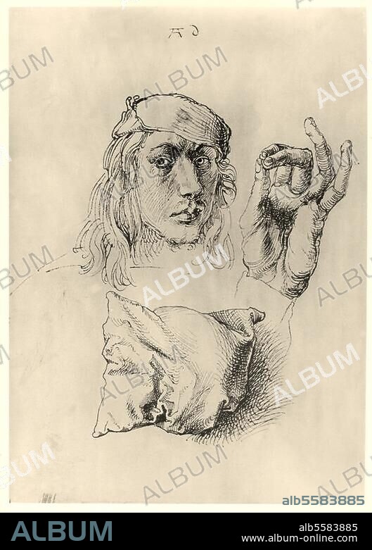 ALBRECHT DüRER. Dürer, Albrecht; Maler u. Graphiker. Nürnberg 21.5.1471 - ebd. 6.4.1528. Selbstbildnis, daneben die linke Hand Dürers, darunter ein Kissen. Federzeichnung, um 1490/94. 267 × 202 mm. Namenszeichen von fremder Hand. Lwow (früher Lemberg), Lubomirski Museum.