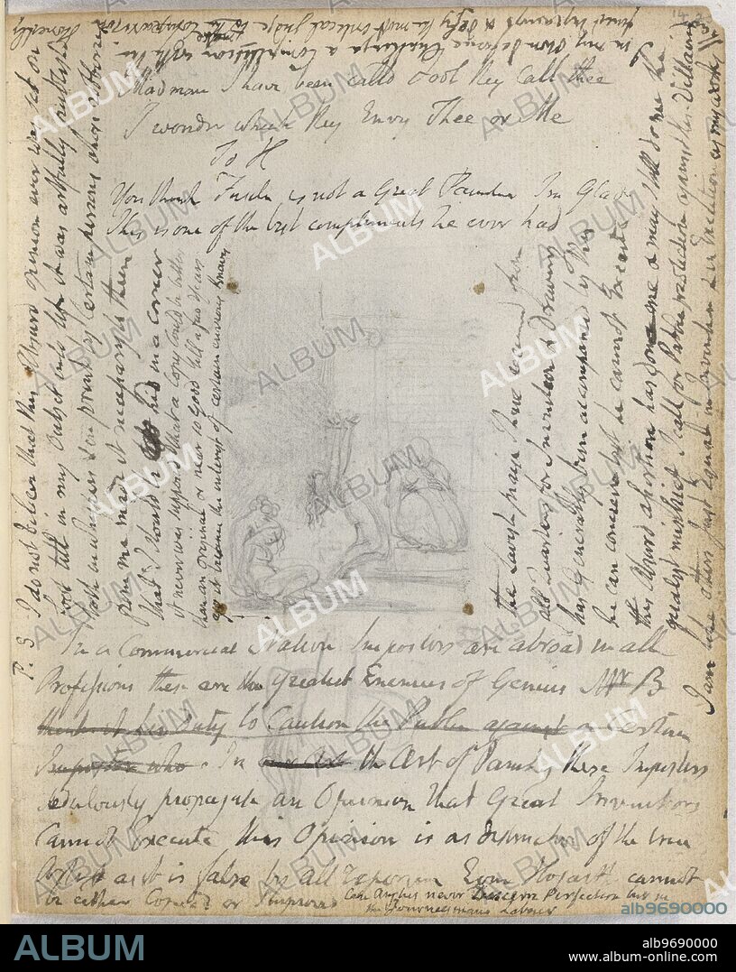 'Emblem 9; scene of plague', c1787-1818. Emblem drawing relating to the plague or Black Death, which has seized three women on the steps of a Palladian town house; one kneels in frantic gesticulation, another is supported by a young man, and the third by an old woman. Autograph drafts of two poems, "Madman I have been calld", and "To H", and lines from "Public Address".