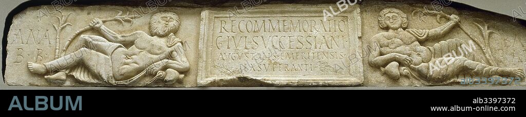 Roman art. Lintel of the rivers. 3rd century AD. Personification of the river Ana (today Guadiana) and Barraeca (today Albarregas). From the Amphitheater House in Merida (Spain). It was found in 1994, belonged to the family mausoleum of Caius Iulius Exsuperantius and family. National Museum of Roman Art. Merida, Badajoz province, Extremadura, Spain.