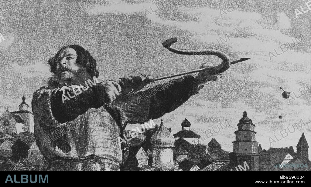 E. Kibrik illustration to the sagas of Ilya Muromet, Russian legendary folk hero pictured striking the onion down from the church. Undated. Supplied By: SCRSS - Society for Co-operation in Russian & Soviet Studies.