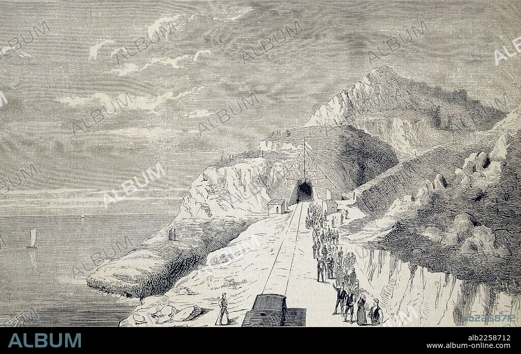 FERROCARRILES. ESPAÑA. FERROCARRIL DE BARCELONA A VALLS. TUNEL DE LA FALCONERA EN LAS COSTAS DE GARRAF. AÑO 1880. GRABADO. ILUSTRACION ESPAÑOLA Y AMERICANA.