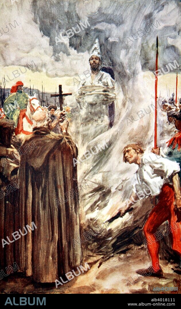The burning of John Huss, 6 July 1415 (1913). Hus (1369-1415), a Bohemian religious reformer and theologian, was condemned to death by the Council of Constance for preaching the teachings of the English reformist clergyman John Wycliffe. He was burned to death as a heretic. From A History of Germany by HE Marshall.