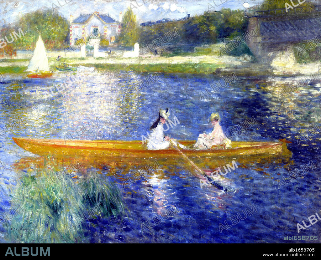 La Yole' (The Skiff), 1875. Oil on canvas. Pierre-Auguste Renoir (1841-1919) French painter. Two women in a boat, probably on the Seine at Chatou, west of Paris, France. Blue Orange Landscape Water.