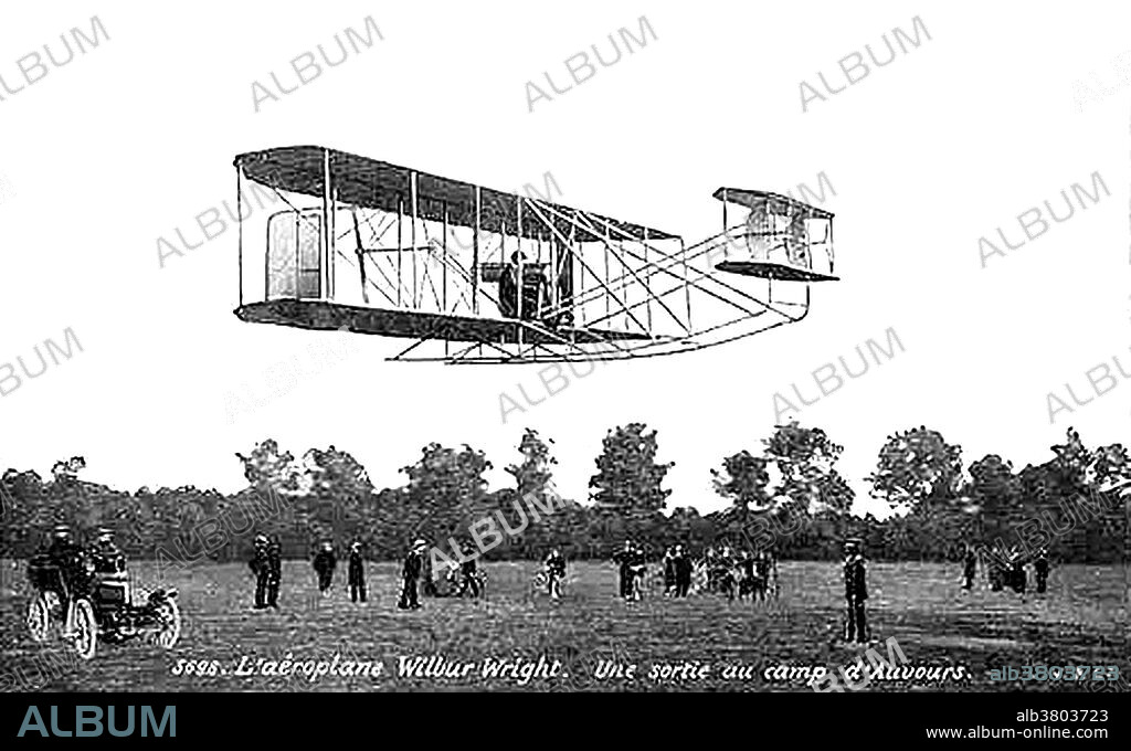 Wilbur Wright made his first flights at the Hunaudieres racetrack at Le Mans, France. The Wright Flyer used for this and later flights had been shipped to Le Havre by Orville the previous year. It had been seriously damaged by custom officials when it arrived in France and uncrated. Wilbur spent the whole summer of 1908 rebuilding the machine and getting it into flying condition. Wilbur's flights in this machine will have a profound effect on European aviation during the following months. Wilbur Wright moved to Camp d'Auvours, east of Le Mans, where all his flights for the remainder of the year were based. This image of Wilbur Wright making a demonstration flight at d'Auvours, where he took up passengers on more than 60 occasions besides breaking many records.