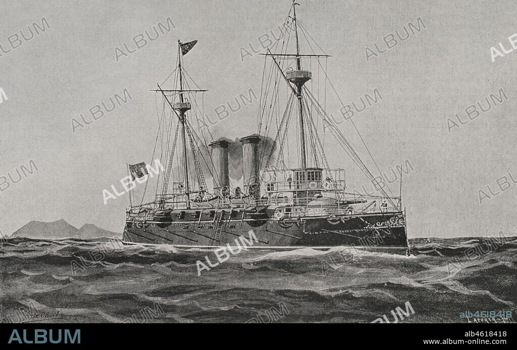 ANTONIO DE CAULA (1847-C. 1904). SPANISH ARTIST.. Guerra hispano-estadounidense (1898). Marina de Guerra Española. El crucero acorazado "Infanta María Teresa". Buque insignia de la escuadra en operaciones. Fue hundido durante la batalla naval de Santiago de Cuba (3 de julio de 1898). Ilustración por A. de Caula. Fotograbado por Laporta. La Ilustración Española y Americana, 1898.