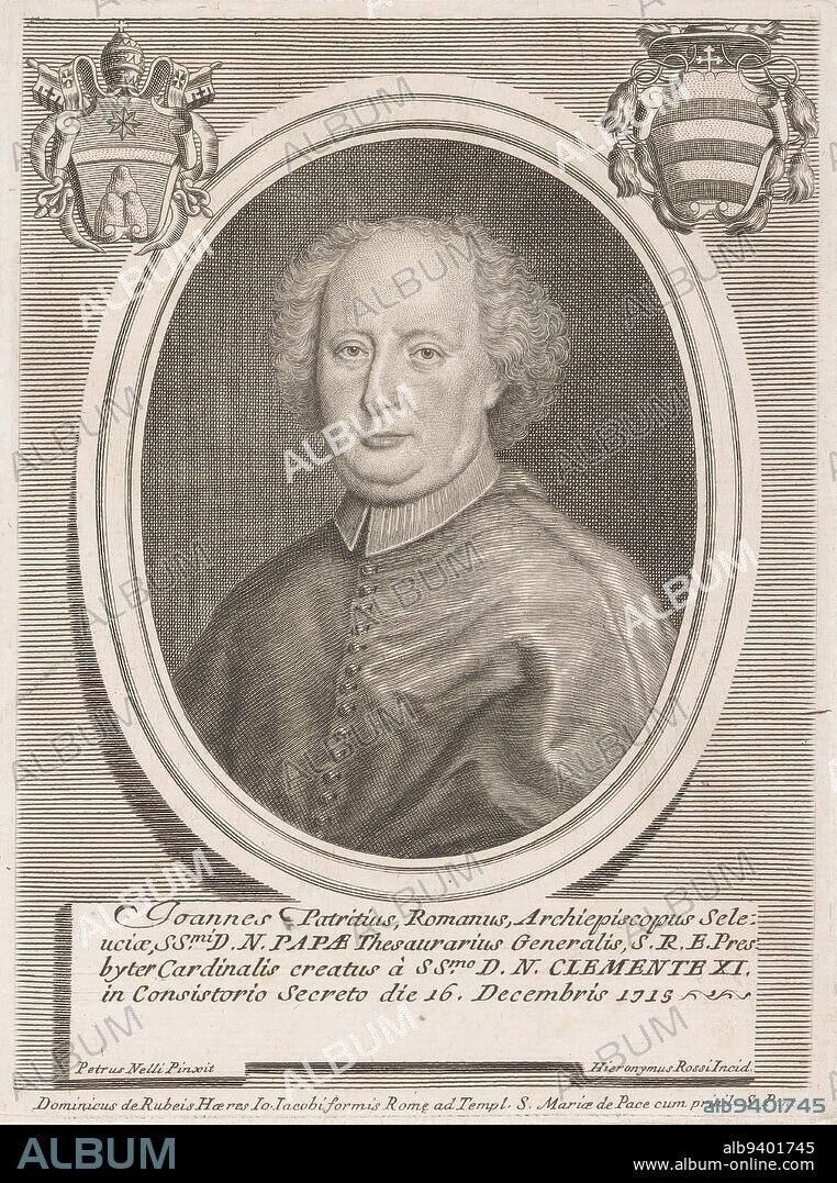 Portrait of Cardinal Giambattista Patrizi, print maker: Girolamo Rossi (II), (mentioned on object), after: Pietro Nelli, (mentioned on object), publisher: Domenico de'Rossi, (mentioned on object), print maker: Rome, after: Italy, publisher: Rome, Vaticaanstad, 1715 - 1762, paper, engraving, h 215 mm - w 160 mm.