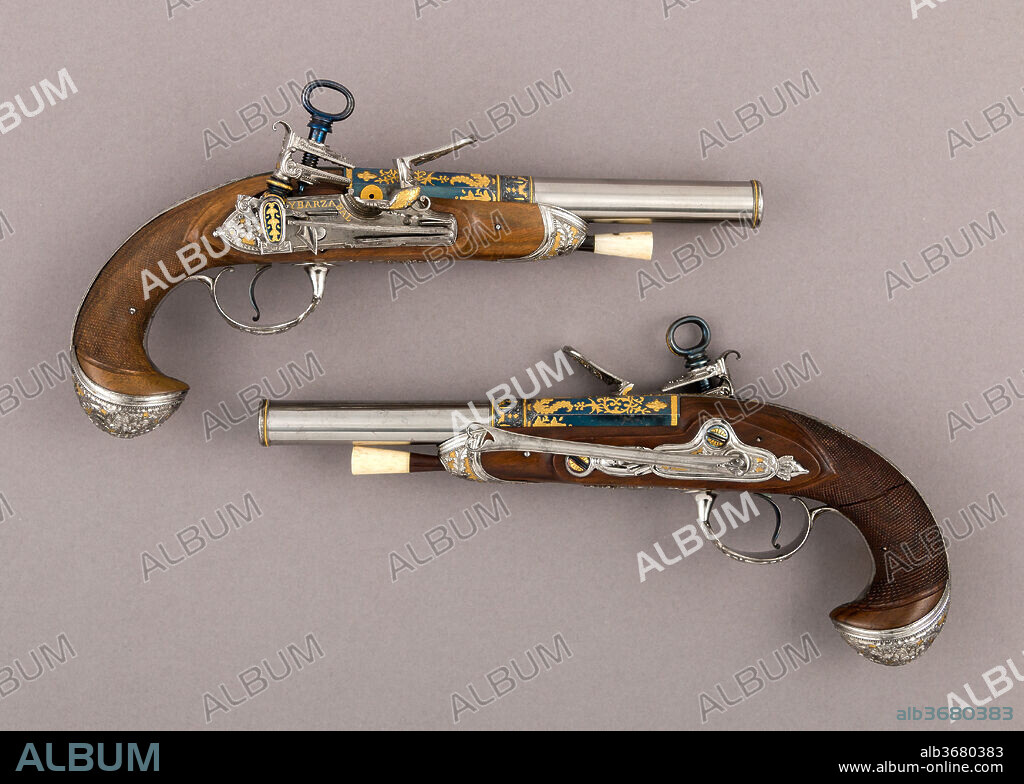 Pair of Pistols with Flintlocks a Las Tres Modas. Culture: Spanish, Eibar. Dimensions: L. of each 11 in. (27.9 cm); L. of each barrel 6 5/8 in. (16.8 cm); Cal. of each .61 in. (15.5 mm); Wt. of each 1 lb. 5 oz. (600 g). Gunsmith: Workshop of the Ybarzabel family (Spanish, Eibar, recorded 1784-1891). Date: late 18th century.