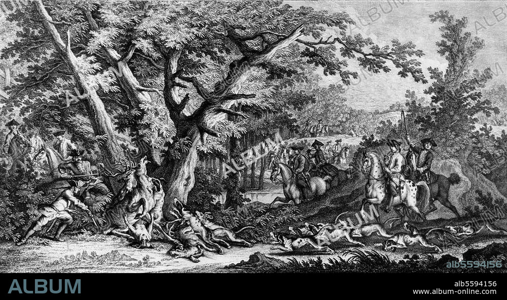 Jagd. "Dem Hirsch werden die Hessen abgehauen oder die jarrets coupiret". Radierung, 1756, von Johann Elias Ridinger (1695-1767). Aus der Folge: "Die Hirsch Parforce-Jagd 4. Teil". 31,2 × 47,7 cm. Inv. Nr. 6549. Schwerin, Staatliches Museum.