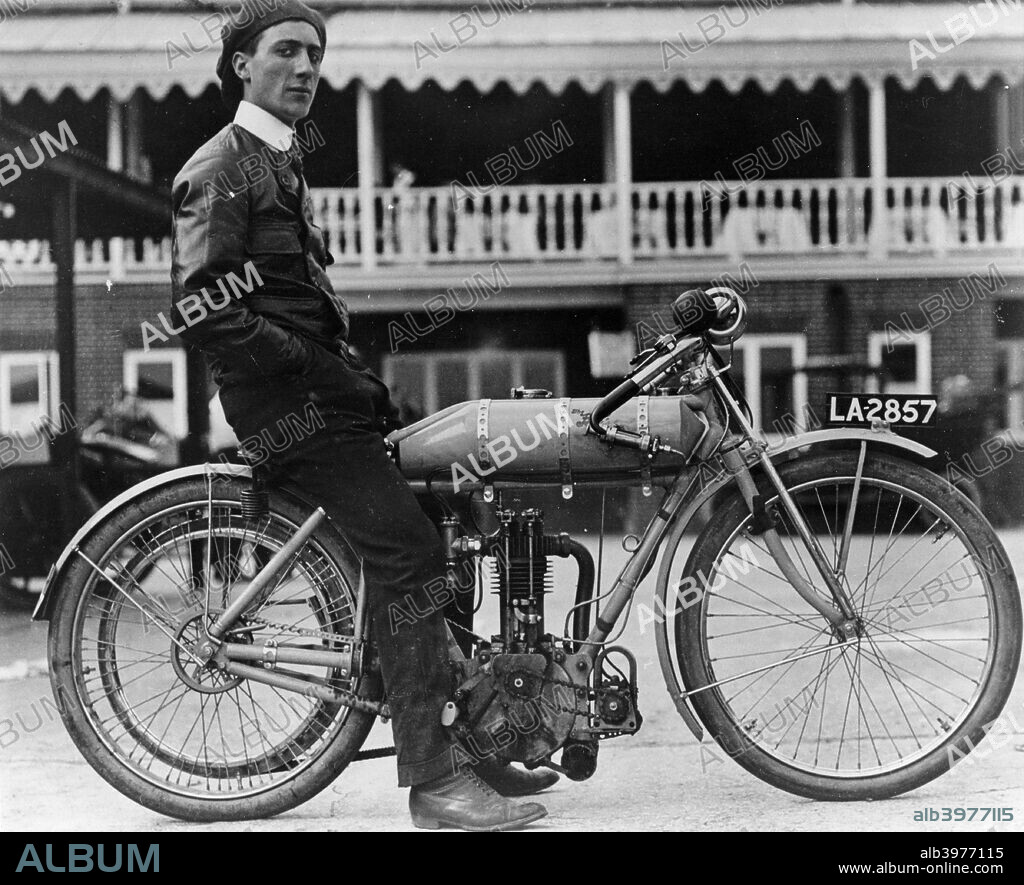 Syd Justien Tessier, on a 1910 Bat 3.5 Litre bike, (1910?). The Bat company was named after the founder SR Batson. They started making motorcycles in 1902, and were taken over by the Tessier family in 1904 after Batson failed to find a good market. Nicknamed 'Best After Tests', the reliable bikes used small de Dion engines and no pedal power. They made the first sprung frame in 1906, and in 1908 they offered a sidecar outfit, with two powered wheels on the removable sidecar. They concentrated on twins for 1912 and managed to come in seventh in the Senior TT of 1913. Production ceased for WW1, and resumed in 1919. They took over another manufacturer, Martinsyde, in 1923, but financial problems closed the Bat-Martinsyde company in 1926.