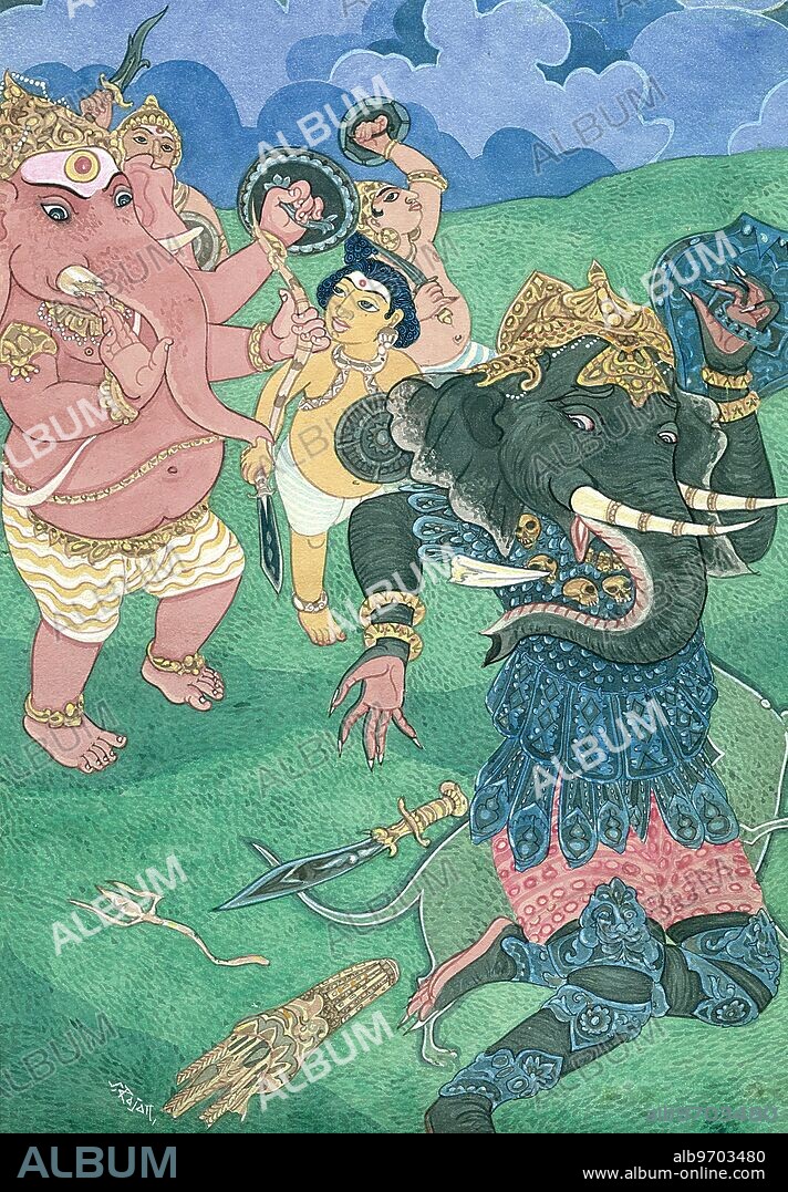 HAP-136853 :Hinduism - Hindu art - Himalayan Academy art - India - Religion - Spirituality - Artist S. Rajam - Ganesh - Mushika - demon - asura - Ganesha defeats asura - mouse - vahana - mount Kailash - devas - warriors - arrows - Ganesha - God - Lord of Obstacles - Indian art - Hindu - art - religion - Hindu religion - Hindu belief -.