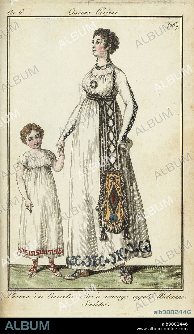 Woman and child with Caracalla haircuts, 1798. She wears her hair in the Caracalla-style, a curly version of the Victim cut. A needle-work bag named a Balantine hangs from her waist belt. They both wear Roman tunic dresses and sandals. Cheveux à la Caracalla, Sac à ouvrage, appellé Balantine, Sandales. 1797. Handcoloured copperplate engraving from Pierre de la Mesangeres Journal des Modes et Dames, Paris, 1798. The illustrations in volume 1 were by Carle Vernet, Claude Louis Desrais and Philibert Louis Debucourt.