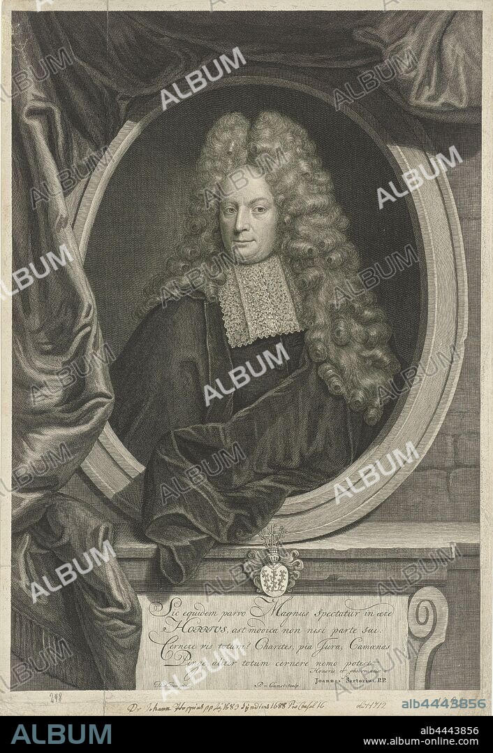 Portrait of Joachim Hoppe, Joachim Hoppe, mayor of Danzig. Under the print are his coat of arms and a Latin caption about his life, Pieter van Gunst (mentioned on object), Amsterdam, 1682 - 1731, paper, engraving, h 405 mm × w 280 mm.