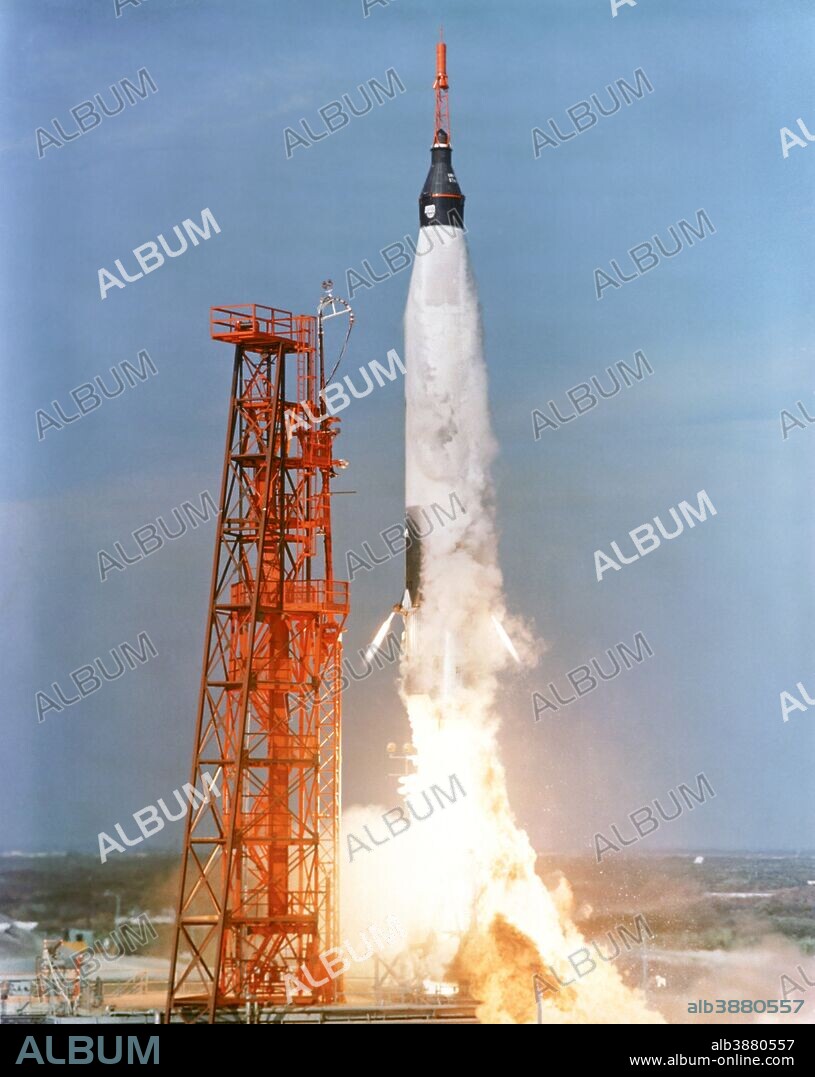 November 29, 1961 - View of the liftoff of Mercury-Atlas 5 from Kennedy Space Center, Florida. The rocket is carrying space chimpanzee Eno.