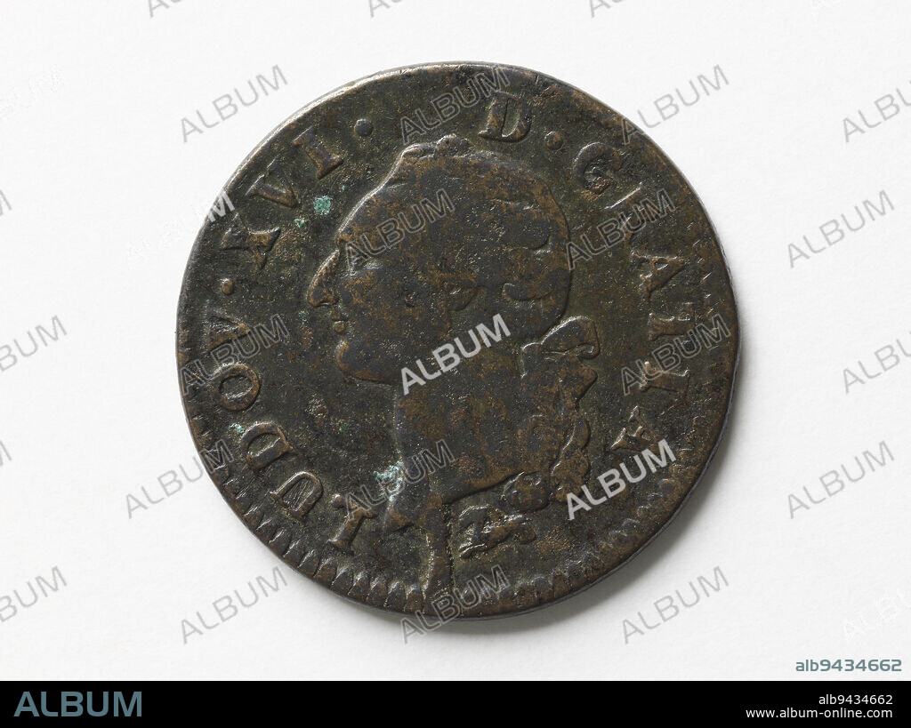 Copper floor of Louis XVI, 1786, Duvivier, Pierre Simon Benjamin, Engraver in medals, Combret, Mathieu Pierre, Director of the Mint, Guiquero, Joseph-Amy, Engraver in medals, Array, Numismatics, Mint, Orléans, Orléans, Orléans, Dimensions - Work: Diameter: 3.08 cm, Weight (type dimension): 10.24 g.