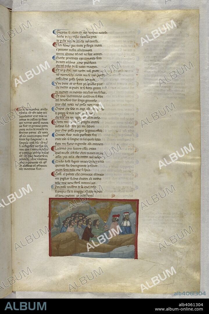 Purgatorio: Dante talks to Jacopo del Cassero, Podesta or leader of the Commune of Bologna and Buonconte da Montefeltro, the Ghibelline leader. Dante Alighieri, Divina Commedia ( The Divine Comedy ), with a commentary in Latin. 1st half of the 14th century. Source: Egerton 943, f.71. Language: Italian, Latin.