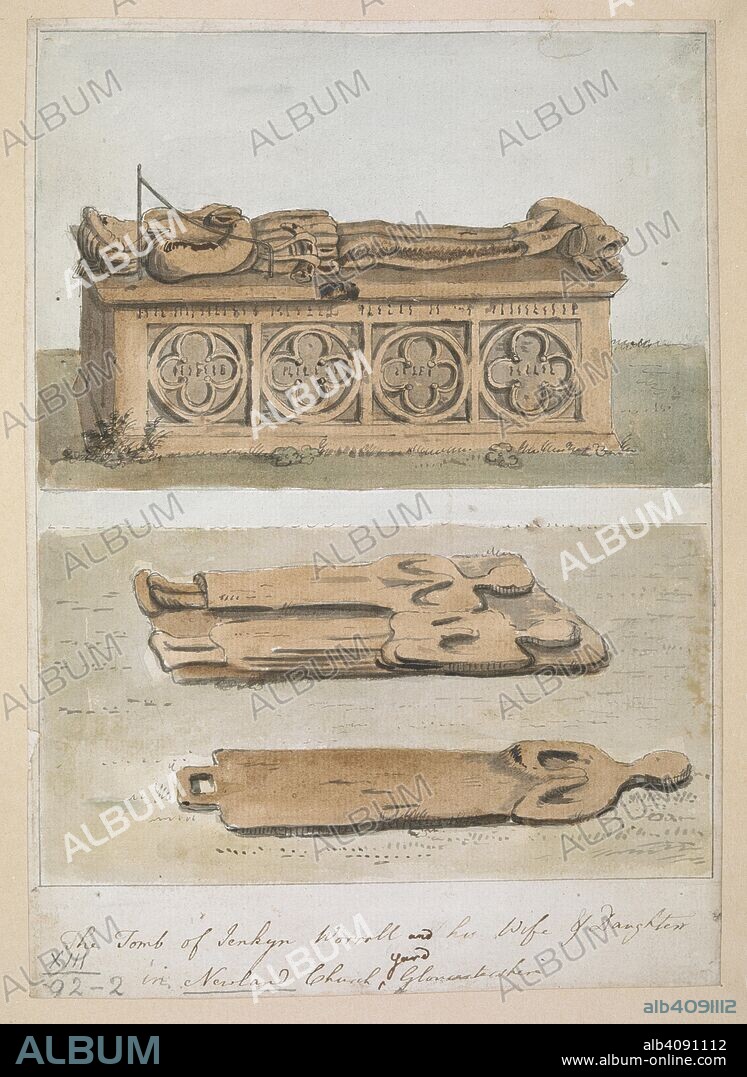 A monument to Jenkyn Wyrall (died 1457) and his wife and daughter; the figures recumbent and in prayer. The Tomb of Jenkyn Worrall and his Wife and Daughter in Newland Church yard Gloucestershire. c. 1770-1790. Source: Maps K.Top.13.92.2. Language: English.