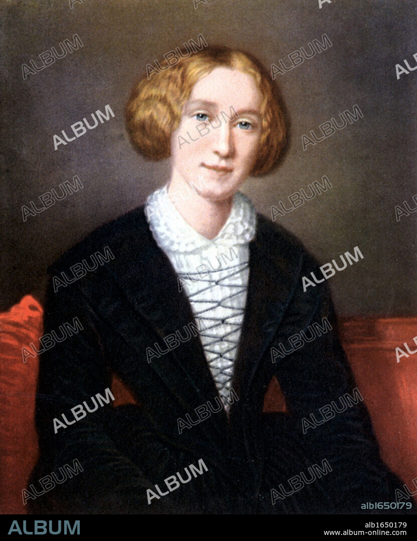 George Eliot (1819-1880) pen name of Mary Ann Evans. Important British novelist.  Author of 'Adam Bede', 'Silas Marner', 'The Mill on the Floss', 'Romola',' Felix Holt', Middlemarch', 'Daniel Deronda', etc. Eliot as a young woman, after the portrait by F d'A Durade.