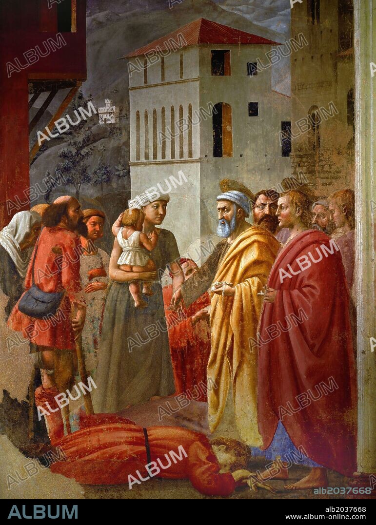 Masaccio / 'The Distribution of Alms and Death of Ananias', 1425-1428, Fresco.