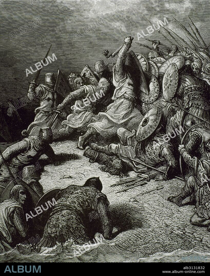 Crusades. Struggle between Christianity and Muslim forces. Battle scene. Engraving by Gustave Dore (1832-1883).