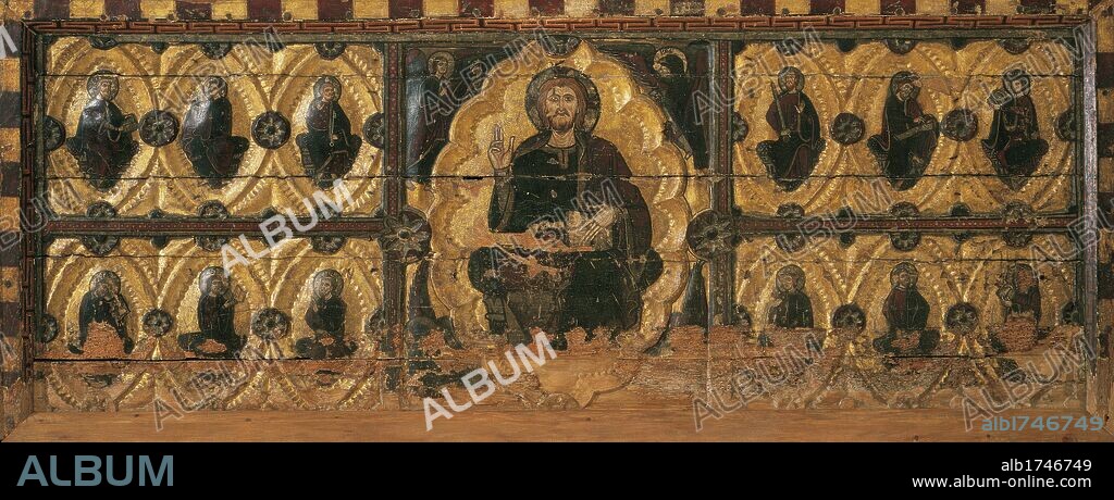 ARTE ROMANICO. ESPAÑA. S. XIII. "FRONTAL DE BERBEGAL". Pintura al temple sobre madera. Tamaño 99 x 251 cm. ¿Taller de Sigena?, hacia el año 1200-1210. Procede de la ex-colegiata de Santa María La Blanca de Berbegal (Prov. de Huesca). Museo Diocesano de Lleida. Cataluña.
