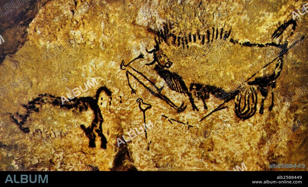 Detail of a cave painting at Lascaux, France.  Wounded Bison, Wounded Man and Woolly Rhinoceros, Franco-Cantabrian, earliest Upper Palaeolithic period, 3,000,000-9000 BCE.