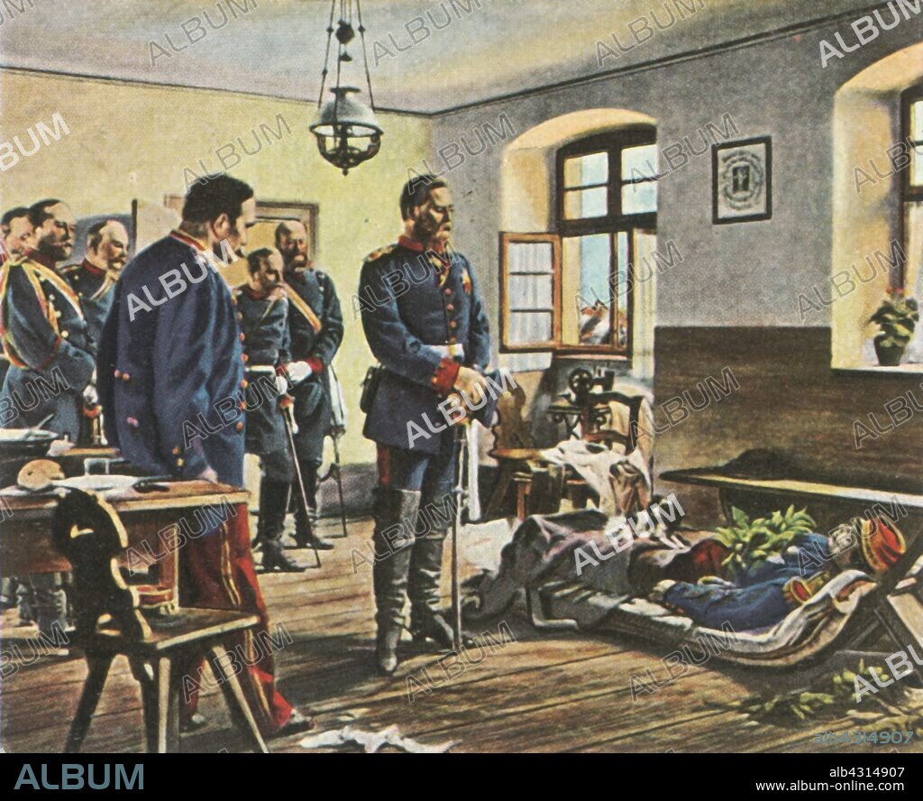 Crown Prince Friedrich Wilhelm with the body of General Douay, 4 August 1870, (1936). 'Kronprinz Friedrich Wilhelm An Der Leiche Des Generals Douay, 4 August 1870'. Friedrich Wilhelm (1831-1888, future German Emperor and King of Prussia Frederick III) pays his respects to French general Abel Douay (1809-1870) who was hit by an artillery explosion at the Battle of Wissembourg, on the first day of the Franco-Prussian War. From "Bilder Deutscher Geschichte", (Pictures of German History), No.12, cigarette card album. [Cigaretten-Bilderdienst, Altona-Bahrenfeld, Hamburg, Germany, 1936].