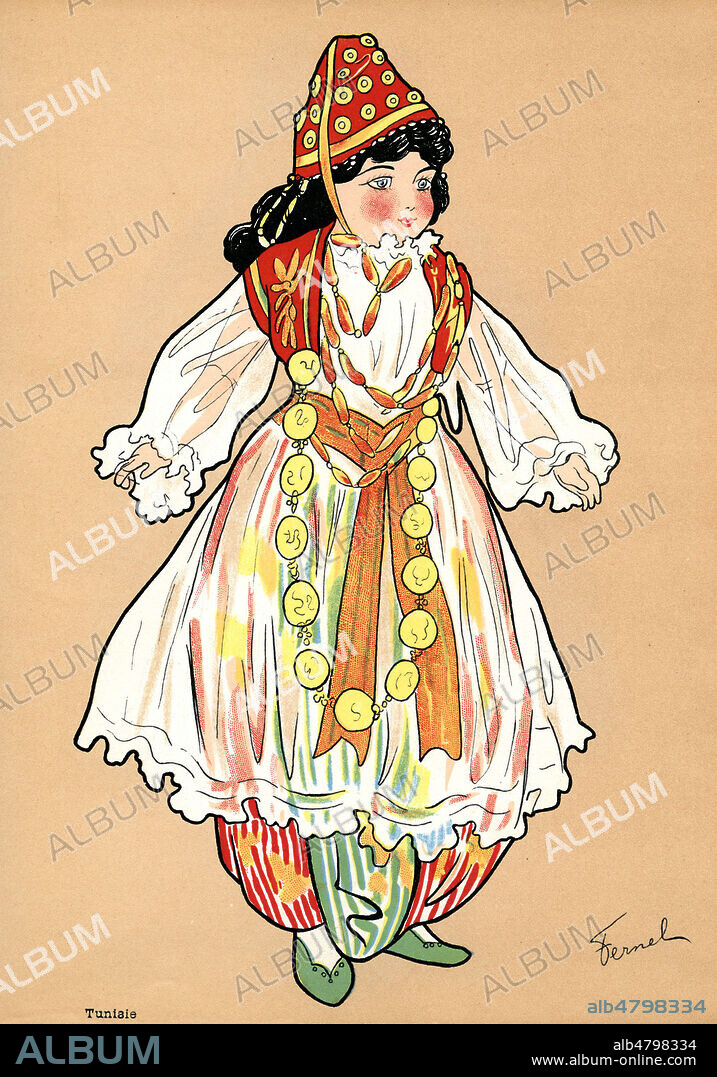 Tunisie. Illustration de 1910 par Fernand FERNEL (1872-1934) pour Mes jolies poupees. Album a colorier. Credit : Coll. Jonas/KHARBINE-TAPABOR.