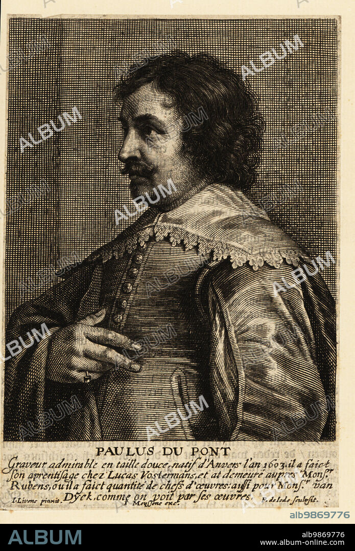 Portrait of Paulus Pontius, Flemish engraver and painter, 1603-1658. Paulus du Pont. Copperplate engraving by Pieter de Jode after a portrait by Jan Lievens published in Johannes Meyssens Image de divers hommes d'esprit sublime, Antwerp, 1649.