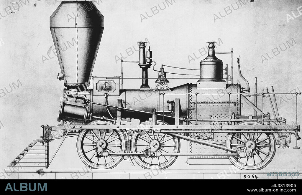 A Baldwin six-coupled flexible beam truck locomotive. This general design, introduced in 1842, was built up to the period of the Civil War. A steam locomotive is a railway locomotive that produces its pulling power through a steam engine. These locomotives are fueled by burning combustible material to produce steam in a boiler. The steam moves reciprocating pistons which are mechanically connected to the locomotive's main wheels. Both fuel and water supplies are carried with the locomotive, either on the locomotive itself or in wagons pulled behind. Matthias William Baldwin (1795-1866) was an American inventor and machinery manufacturer, specializing in the production of steam locomotives. Baldwin's small machine shop, established in 1825, grew to become Baldwin Locomotive Works, one of the largest and most successful locomotive manufacturing firms in the United States. The most famous of the early locomotives was "Old Ironsides", built in 1832.