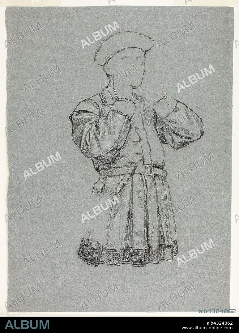 Unfinished Sketch of Man in Tunic, n.d., Henry Stacy Marks, English, 1829-1898, England, Black pastel, heightened with red and white pastel, on blue laid paper, 427 × 312 mm.