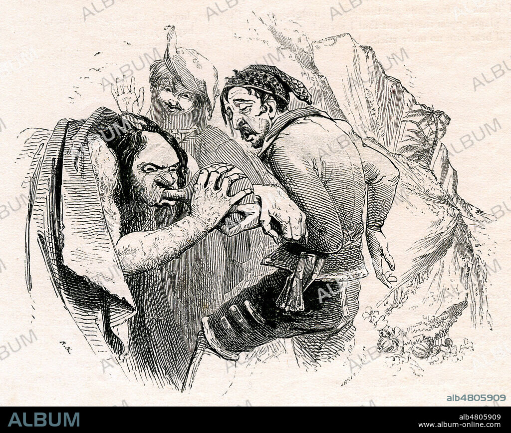 Caliban buvant pres de Stefano et Trinculo (Acte II, Scene 2). Illustration de 1843 par KENNY-MEADOWS (1790-1874) pour The Tempest (la Tempete) de William SHAKESPEARE (1564-1616). Credit : Collection Grob/KHARBINE-TAPABOR.