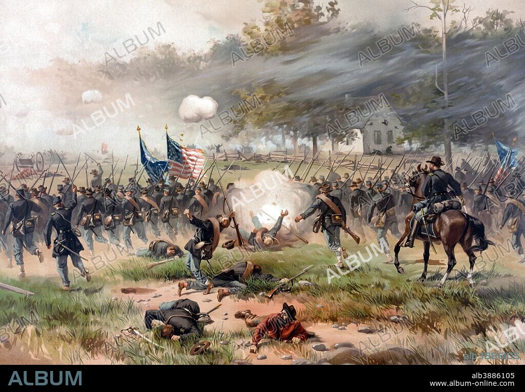 Vintage Civil War painting of Union and Confederate troops fighting at The Battle of Antietam, also known as the Battle of Sharpsburg.