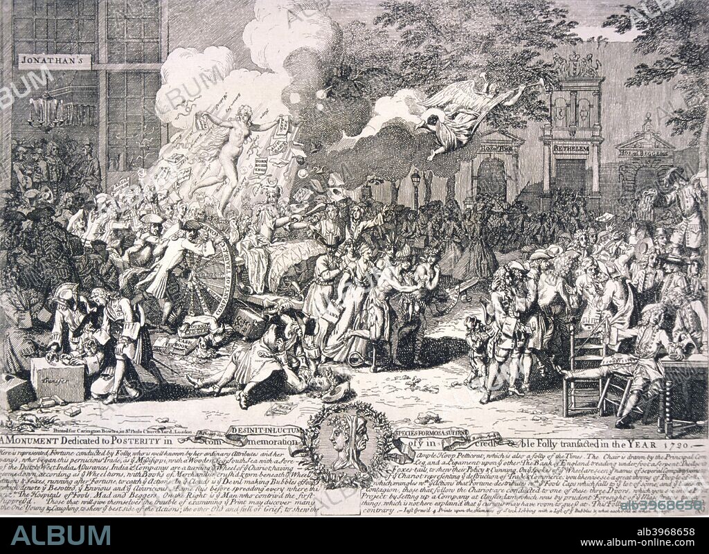'A monument dedicated to posterity in commemoration of ye incredible folly transacted in ... 1720'. The figure of Fortune is conducted by Folly in a chair drawn by the South Sea and other Companies. The scene takes place in front of Jonathan's Coffee House, Change Alley, London. A satire on the South Sea Bubble of 1711-1720.