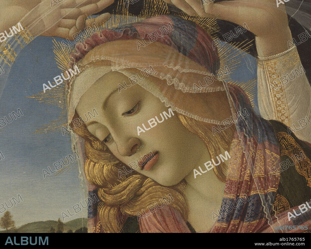Madonna with Child and Five Angels (Madonna del Magnificat), by Sandro Filipepi Known as Botticelli, 1481-1483, 15th Century, tempera on panel, 118 cm. Italy, Tuscany, Florence, Uffizi Gallery. Tondo. Particolare Madonna del Magnificat volto velo capelli biondi rosa blu bianco, campagna fotografica 2009, Detail Madonna del Magnificat face veil blond hair pink blu white. Authorization required for non editorial use.