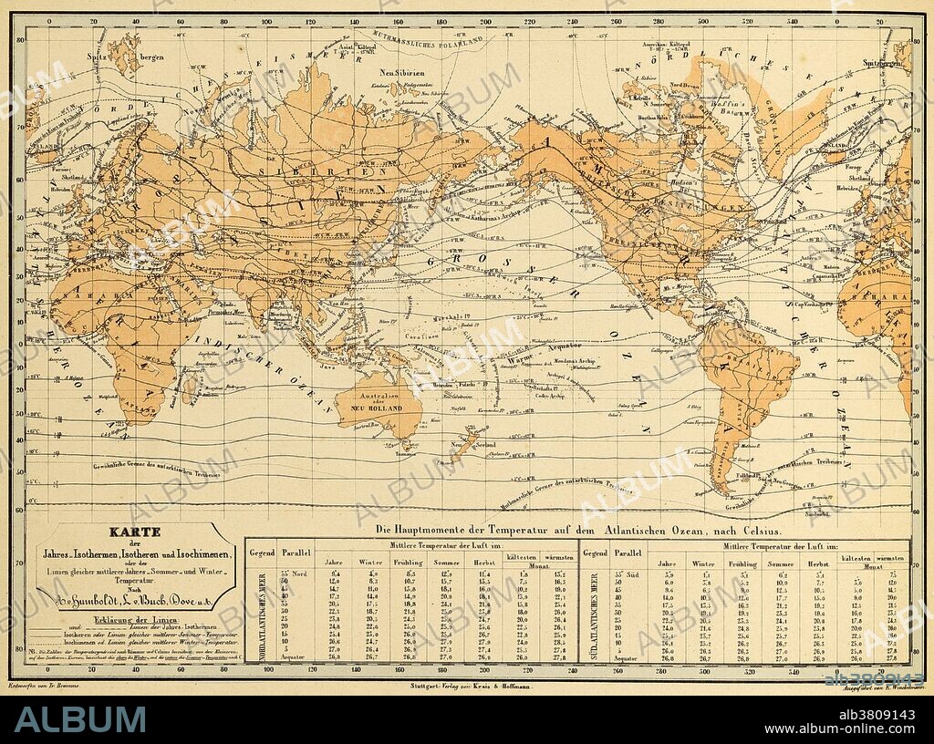 Isothermal map of the world from Alexander von Humboldt's Kosmos. Humboldt (1769-1859), who invented the use of isotherms, was a Prussian geographer, naturalist and explorer. His quantitative work on botanical geography laid the foundation for the field of biogeography. Between 1799 and 1804, Humboldt travelled extensively in Latin America, exploring and describing it for the first time in a manner generally considered to be a modern scientific point of view. His description of the journey was written up and published in an enormous set of volumes over 21 years. He was one of the first to propose that the lands bordering the Atlantic Ocean were once joined (South America and Africa in particular). Later, his five-volume work, Kosmos (1845), attempted to unify the various branches of scientific knowledge. He thought an approach to science was needed that could account for the harmony of nature among the diversity of the physical world.