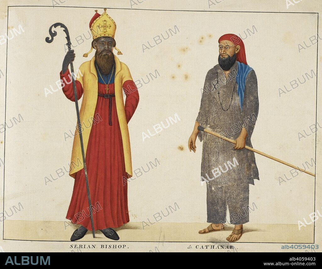 Bishop and priest of the Syrian Church. The Bishop wears red, yellow and blue robes and carries a crozier; the priest wears a white dress with red head-cloth and carries a staff. c.1828. Watercolour. Source: Add.Or.1344.