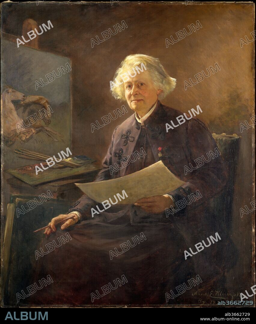 Rosa Bonheur. Artist: Anna Klumpke (American, San Francisco, California 1856-1942 San Francisco, California). Dimensions: 46 1/8 x 38 5/8 in. (117.2 x 98.1 cm). Date: 1898.
Having studied at the Académie Julian intermittently from 1880 until 1888 and worked as a portraitist in Boston, Klumpke returned to France in 1898 to execute a portrait of Rosa Bonheur (1822-1899), the French animalier whom she had long admired. Shown at her easel, Bonheur wears on her jacket her medal of the Order of the Legion of Honor. The two women became companions at château de By, Bonheur's home near Fontainebleau. Upon Bonheur's death, Klumpke inherited her residence and studio and dedicated herself to promoting Bonheur's legacy.