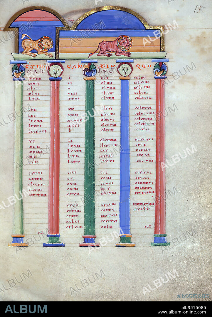 Illuminated Manuscript, Reichenau Gospels, Canon table, This Gospel book is believed to come from the Abbey of St. Peters in Reichenau, on the basis of its script, its illumination, and the fact that it contains a dedication image, in which a book is being handed to St Peter. The decoration of the manuscript places it in the so-called Luithar school of Reichenau. Its ornamental motifs compare very closely with those in Munich, Clm. 4453, and its palette is nearly identical to that in the Reichenau manuscripts of the Bamberg Cathedral Treasury. Gold uncials begin each paragraph as well as the introductory words of each chapter, and are a distinct mark of Reichenau manufacture. Its text is written in Caroline minuscule, and it is paleographically related to Bamberg Mss, Bibl. 76 and 22, and also Munich Clm. 4454. As a whole, it is an excellent example of Ottonian book illumination.