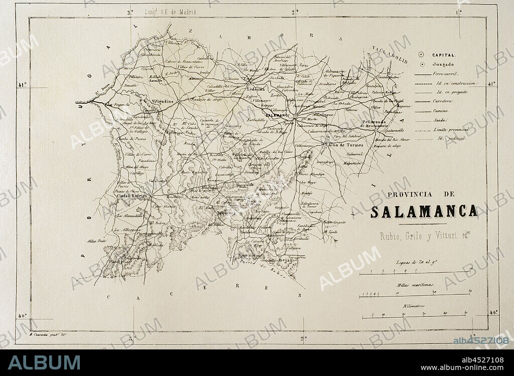 Mapa de la provincia de Salamanca. España. Crónica general de España, Historia Ilustrada y Descriptiva de sus Provinicas. Tomo Asturias y León, 1867. Biblioteca Histórico Militar de Barcelona, Cataluña, España.