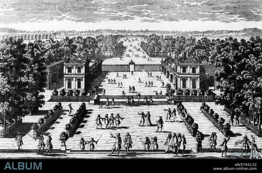 Marly-le-Roi (Frankreich), Schloß. (1679-86 unter Ludwig XIV. errichtet von J.Hardouin-Mansart; Garten 1677-84 von A.Lenotre; 1789 zerstört). "Veuë et perspective de deux Pavillons de Marly, en sortant du Château (...) ". Kupferstich, um 1700, von Aveline. Paris, Bibliothèque Nationale.