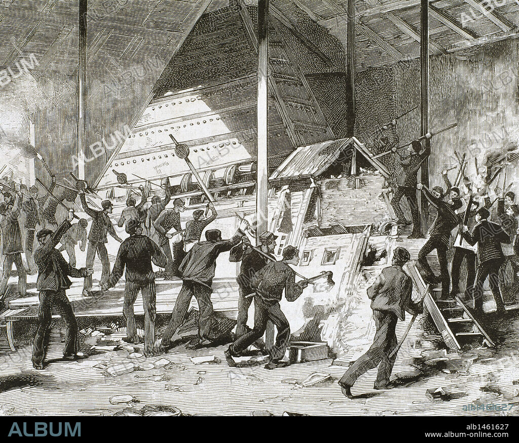 Workers strike in Jumet (Belgium) on 26 March 1886. Strikers destroying an smelter in the H. Bandoux glass factory. Engraving.