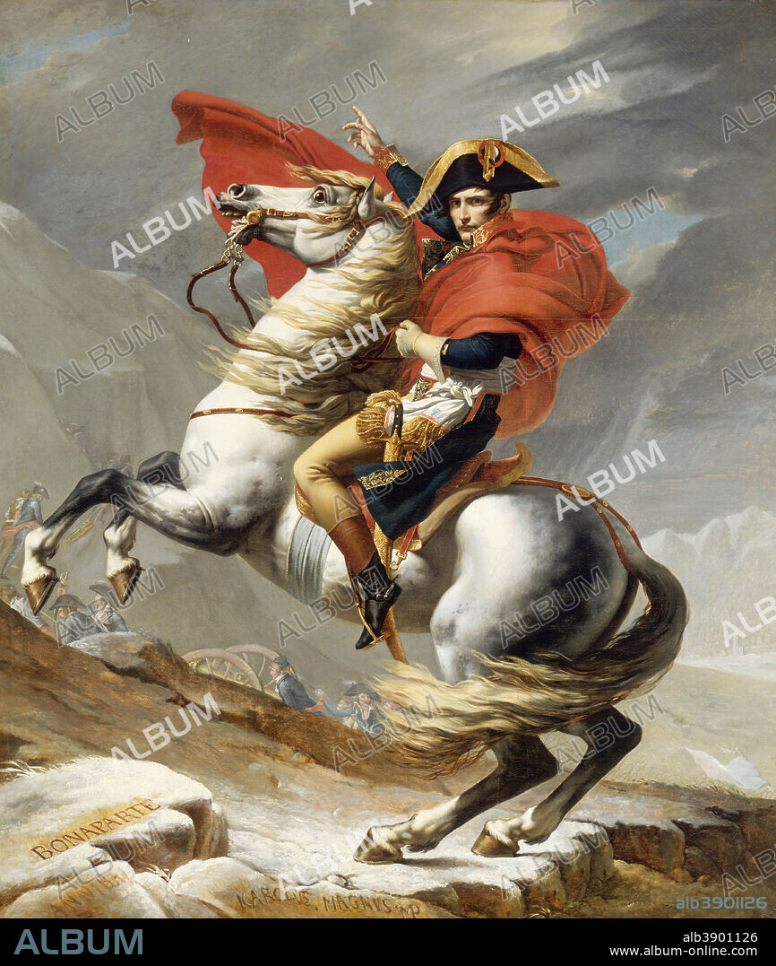 JACQUES LOUIS DAVID. Napoleon Crossing the Alps. Date/Period: 1802. Painting. Oil on canvas. Height: 273 cm (107.4 in); Width: 234 cm (92.1 in).
