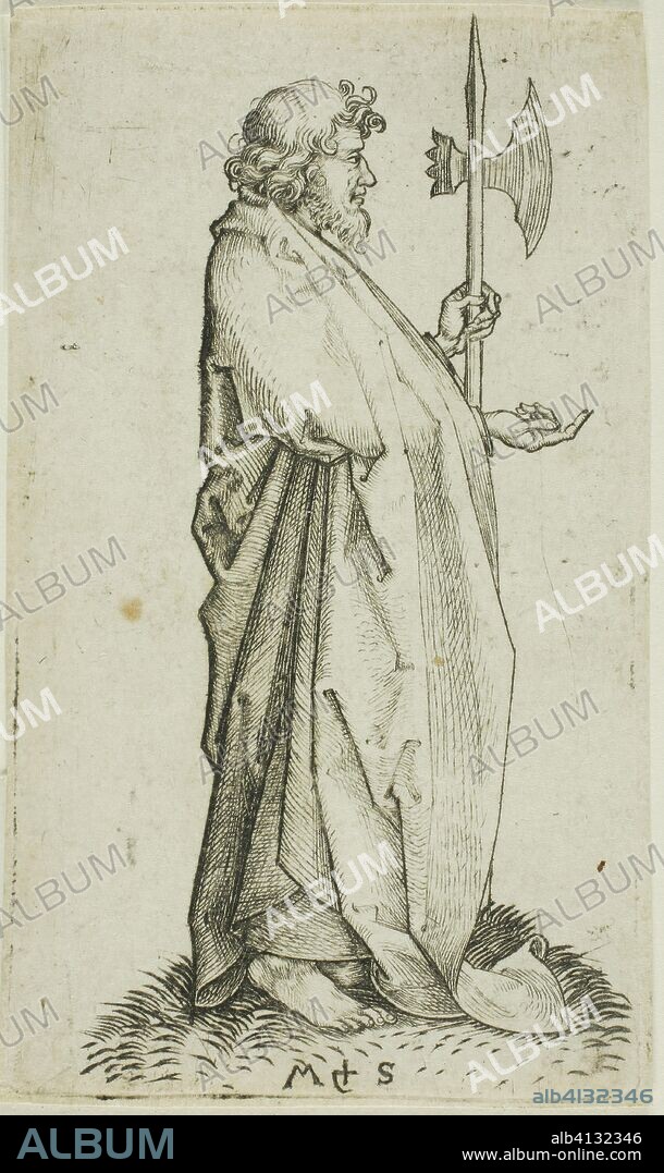 St. Matthias, from Apostles. Martin Schongauer; German, c. 1450-1491. Date: 1450-1491. Dimensions: 88 × 50 mm (plate); 88 × 53 mm (sheet). Engraving on paper. Origin: Germany.
