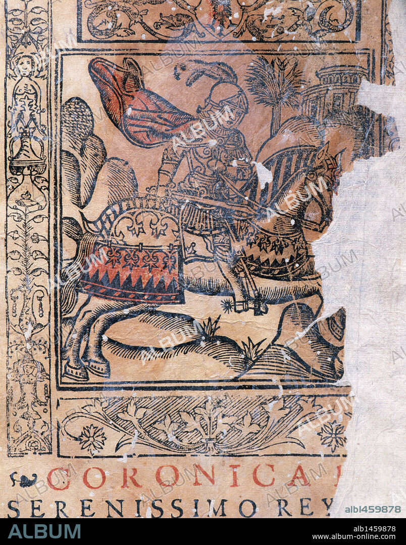 PEDRO LÓPEZ DE AYALA. Peter I of Castile (1334 Ð 1369), commonly called Pedro the Cruel or the Just. King of Castile and Leon from 1350 to 1369. Engraving of "Cronica del serenisimo rey Pedro I" by spanish writer Pedro Lopez de Ayala (1332-1407). Cover. Pamplona, 1591.