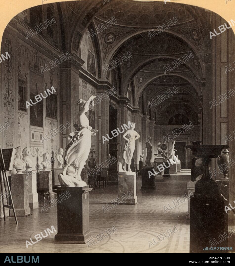'Gallery of Modern Sculpture, in the Hermitage, St. Petersburg, Russia', 1898. The Hermitage Museum was founded in 1764, and houses an enormous collection of antiquities, paintings, jewellery and decorative art. Stereocard by Underwood & Underwood.